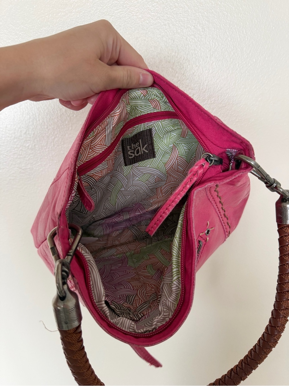 THE SAK Bright Pink Leather Woven Strap Hobo Shoulder Bag - Picture 9 of 11